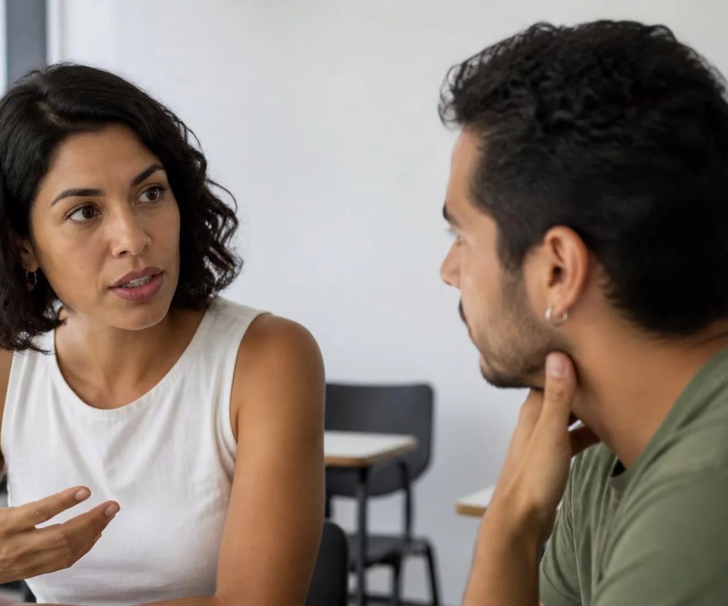 Duas pessoas frente a frente na mesa: uma sustenta a fala, a outra anota o que ouviu