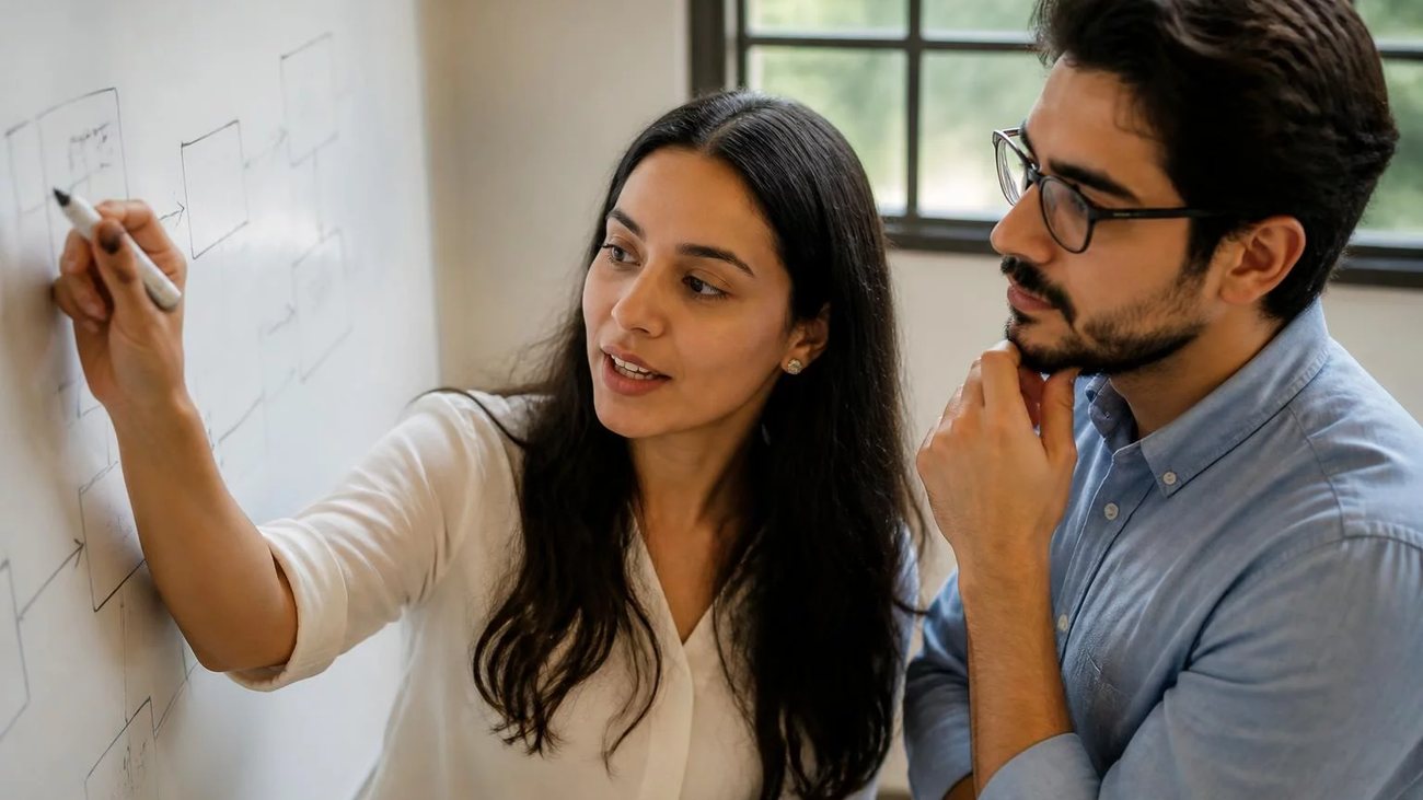 Duas participantes de pé diante do quadro branco, montando um argumento a caneta