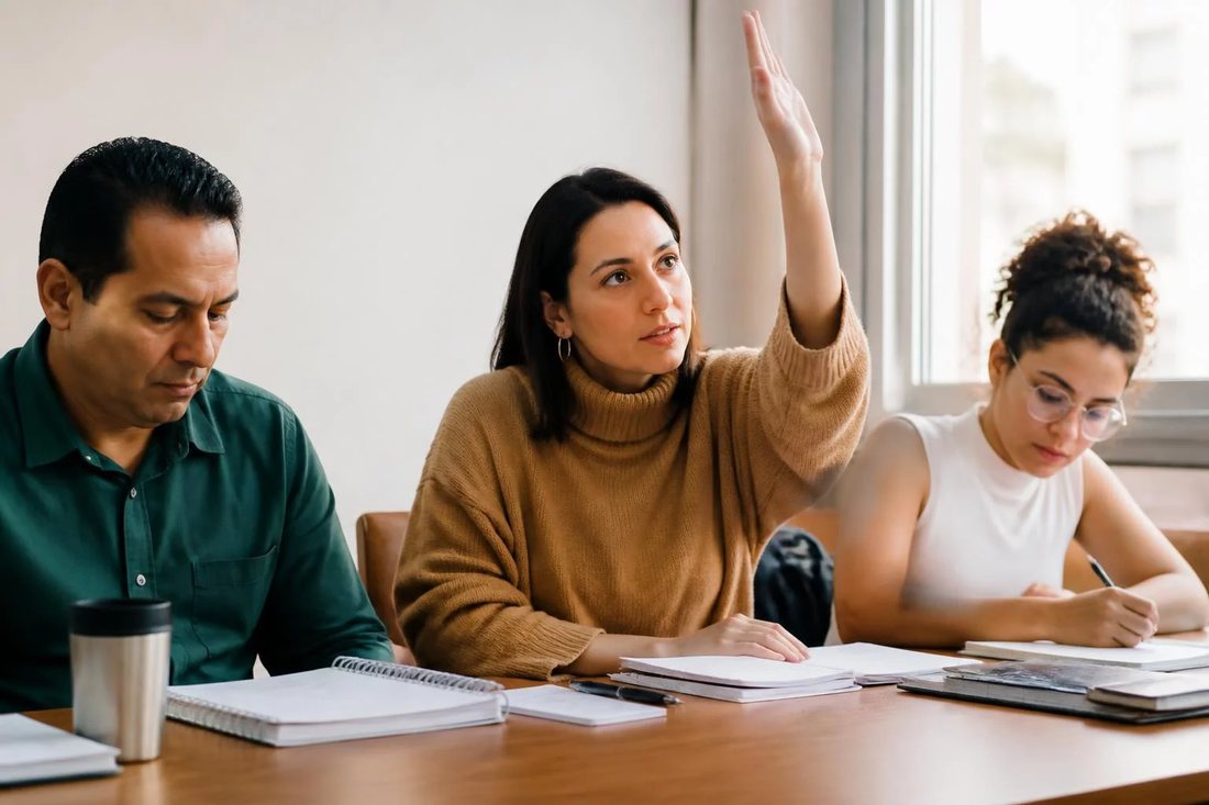 Facilitador em pé apontando para um argumento escrito no quadro durante a sessão